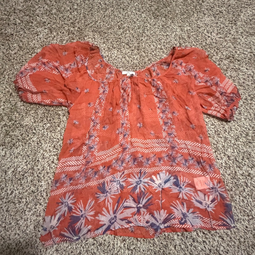Joie 100% Silk Floral Print Puff Sleeve Blouse Burnt Orange Small C17-20678